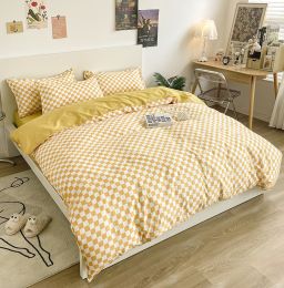 Washed Cotton Bedding 4 Piece Set 1.5m-2.2m Quilt Cover Sheet Pillowcase Plaid Stripes Student Dormitory Adult Child Boys Girls (Color: Checkerboard -Yellow)