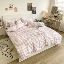 Washed Cotton Bedding 4 Piece Set 1.5m-2.2m Quilt Cover Sheet Pillowcase Plaid Stripes Student Dormitory Adult Child Boys Girls (Color: Checkerboard - Pink)