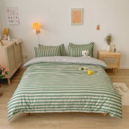 Washed Cotton Bedding 4 Piece Set 1.5m-2.2m Quilt Cover Sheet Pillowcase Plaid Stripes Student Dormitory Adult Child Boys Girls (Color: Stripes - Green)