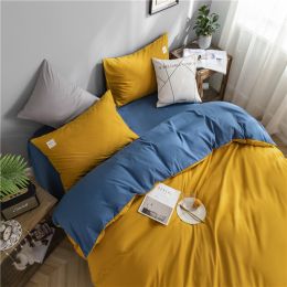Simple Style Bedding 4 Piece Quilt Cover Sheet Pillowcase Cotton Spring Summer Autumn Winter Solid Two-color Student Dormitory (Color: yellow blue)