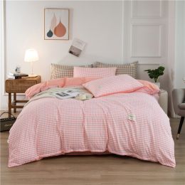 Simple Style Bedding 4 Piece Quilt Cover Sheet Pillowcase Cotton Spring Summer Autumn Winter Solid Two-color Student Dormitory (Color: pink plaid 2)