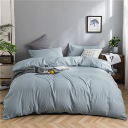 Simple Style Bedding 4 Piece Quilt Cover Sheet Pillowcase Cotton Spring Summer Autumn Winter Solid Two-color Student Dormitory (Color: sky blue)