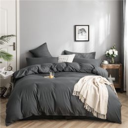 Simple Style Bedding 4 Piece Quilt Cover Sheet Pillowcase Cotton Spring Summer Autumn Winter Solid Two-color Student Dormitory (Color: Dark Gray)