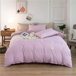 Simple Style Bedding 4 Piece Quilt Cover Sheet Pillowcase Cotton Spring Summer Autumn Winter Solid Two-color Student Dormitory (Color: purple plaid)
