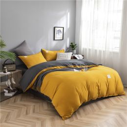 Simple Style Bedding 4 Piece Quilt Cover Sheet Pillowcase Cotton Spring Summer Autumn Winter Solid Two-color Student Dormitory (Color: yellow gray)