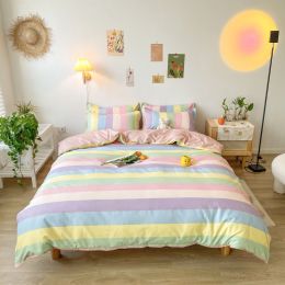 Washed Cotton Bedding 4 Piece Set 1.5m-2.2m Quilt Cover Sheet Pillowcase Plaid Stripes Student Dormitory Adult Child Boys Girls (Color: multicolor)