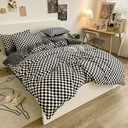 Washed Cotton Bedding 4 Piece Set 1.5m-2.2m Quilt Cover Sheet Pillowcase Plaid Stripes Student Dormitory Adult Child Boys Girls (Color: Checkerboard - Black)