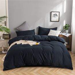Simple Style Bedding 4 Piece Quilt Cover Sheet Pillowcase Cotton Spring Summer Autumn Winter Solid Two-color Student Dormitory (Color: Navy blue)