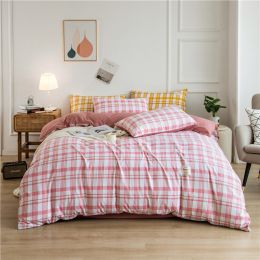 Simple Style Bedding 4 Piece Quilt Cover Sheet Pillowcase Cotton Spring Summer Autumn Winter Solid Two-color Student Dormitory (Color: pink plaid)