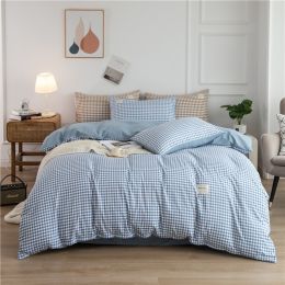 Simple Style Bedding 4 Piece Quilt Cover Sheet Pillowcase Cotton Spring Summer Autumn Winter Solid Two-color Student Dormitory (Color: Blue plaid)
