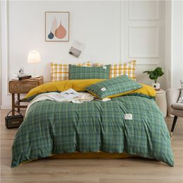 Simple Style Bedding 4 Piece Quilt Cover Sheet Pillowcase Cotton Spring Summer Autumn Winter Solid Two-color Student Dormitory (Color: dark green plaid)