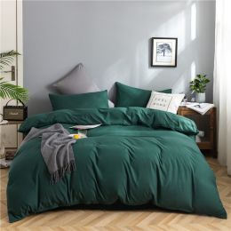 Simple Style Bedding 4 Piece Quilt Cover Sheet Pillowcase Cotton Spring Summer Autumn Winter Solid Two-color Student Dormitory (Color: dark green)