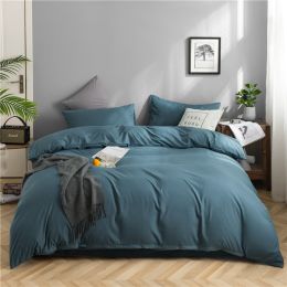 Simple Style Bedding 4 Piece Quilt Cover Sheet Pillowcase Cotton Spring Summer Autumn Winter Solid Two-color Student Dormitory (Color: Blue)