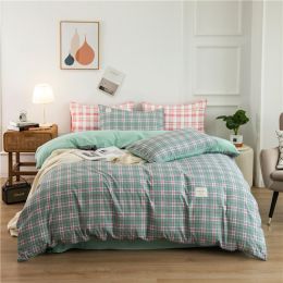 Simple Style Bedding 4 Piece Quilt Cover Sheet Pillowcase Cotton Spring Summer Autumn Winter Solid Two-color Student Dormitory (Color: green plaid)