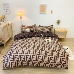 Washed Cotton Bedding 4 Piece Set 1.5m-2.2m Quilt Cover Sheet Pillowcase Plaid Stripes Student Dormitory Adult Child Boys Girls (Color: dark brown)