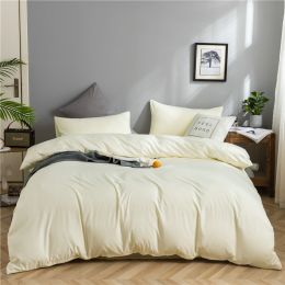 Simple Style Bedding 4 Piece Quilt Cover Sheet Pillowcase Cotton Spring Summer Autumn Winter Solid Two-color Student Dormitory (Color: beige)