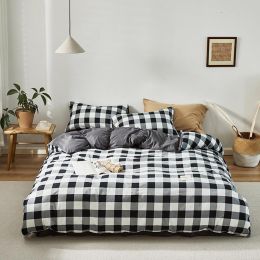 Simple Style Bedding 4 Piece Quilt Cover Sheet Pillowcase Cotton Spring Summer Autumn Winter Solid Two-color Student Dormitory (Color: black plaid)