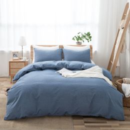100% Washed Cotton Duvet Cover Set, Durable Fade-Resistant Natural Bedding Set (No Comforter) (Color: Denim Blue)